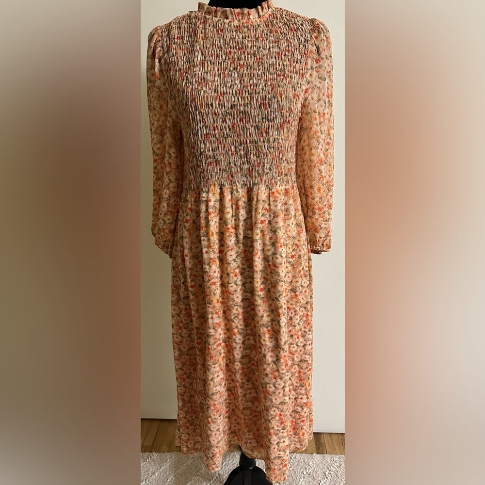 Sweet Rain Women's Floral Smocked Puff Long Sleeve Midi Dress - Size L